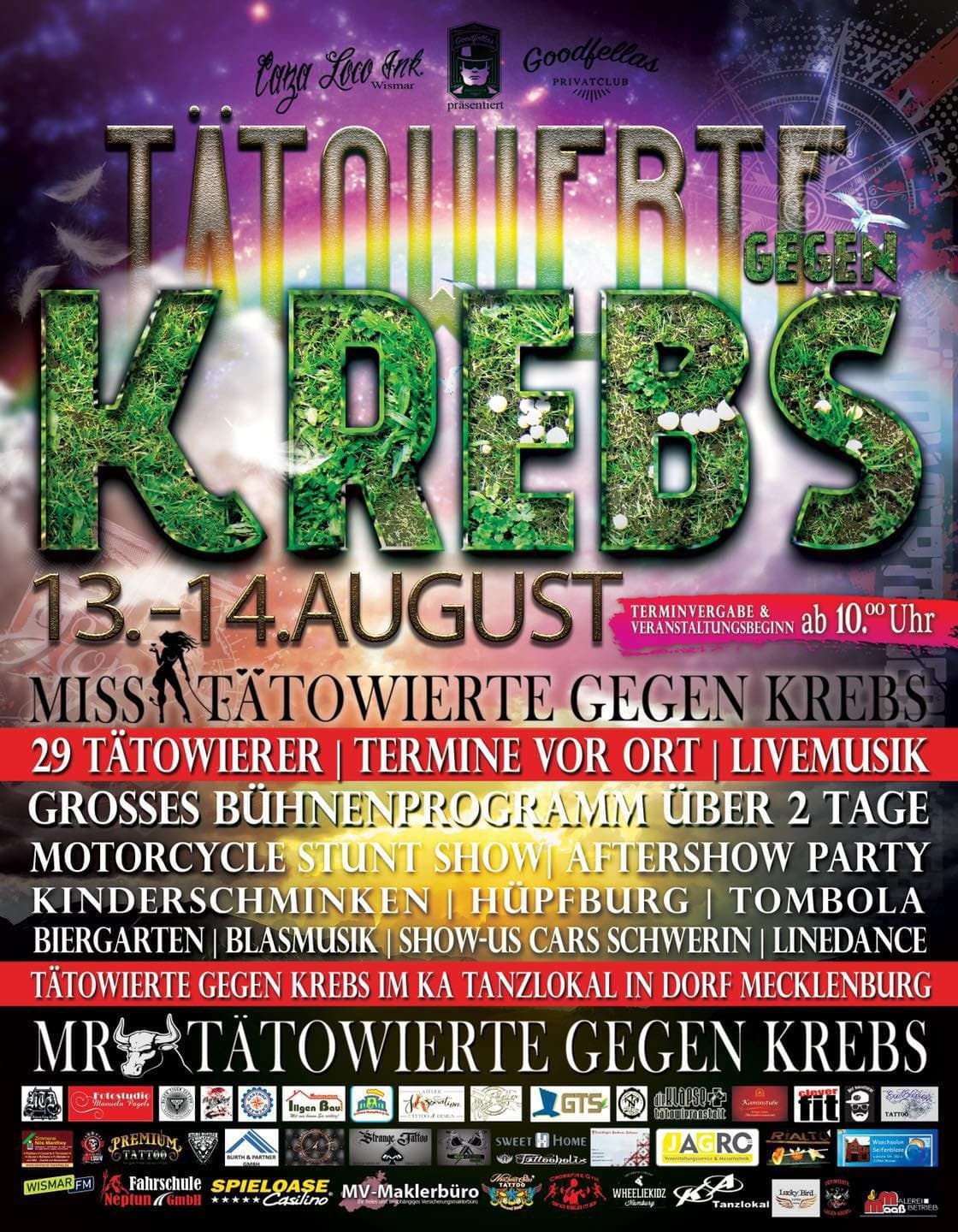 Veranstaltungsplakat „Tätowierte gegen Krebs“ für den 13.–14. August