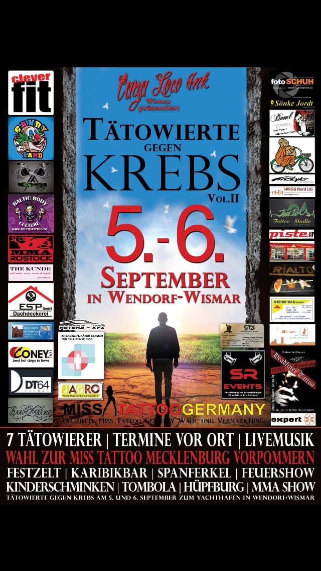 Veranstaltungsplakat „Tätowierte gegen Krebs“ für den 5.–6. September in Wendorf-Wismar